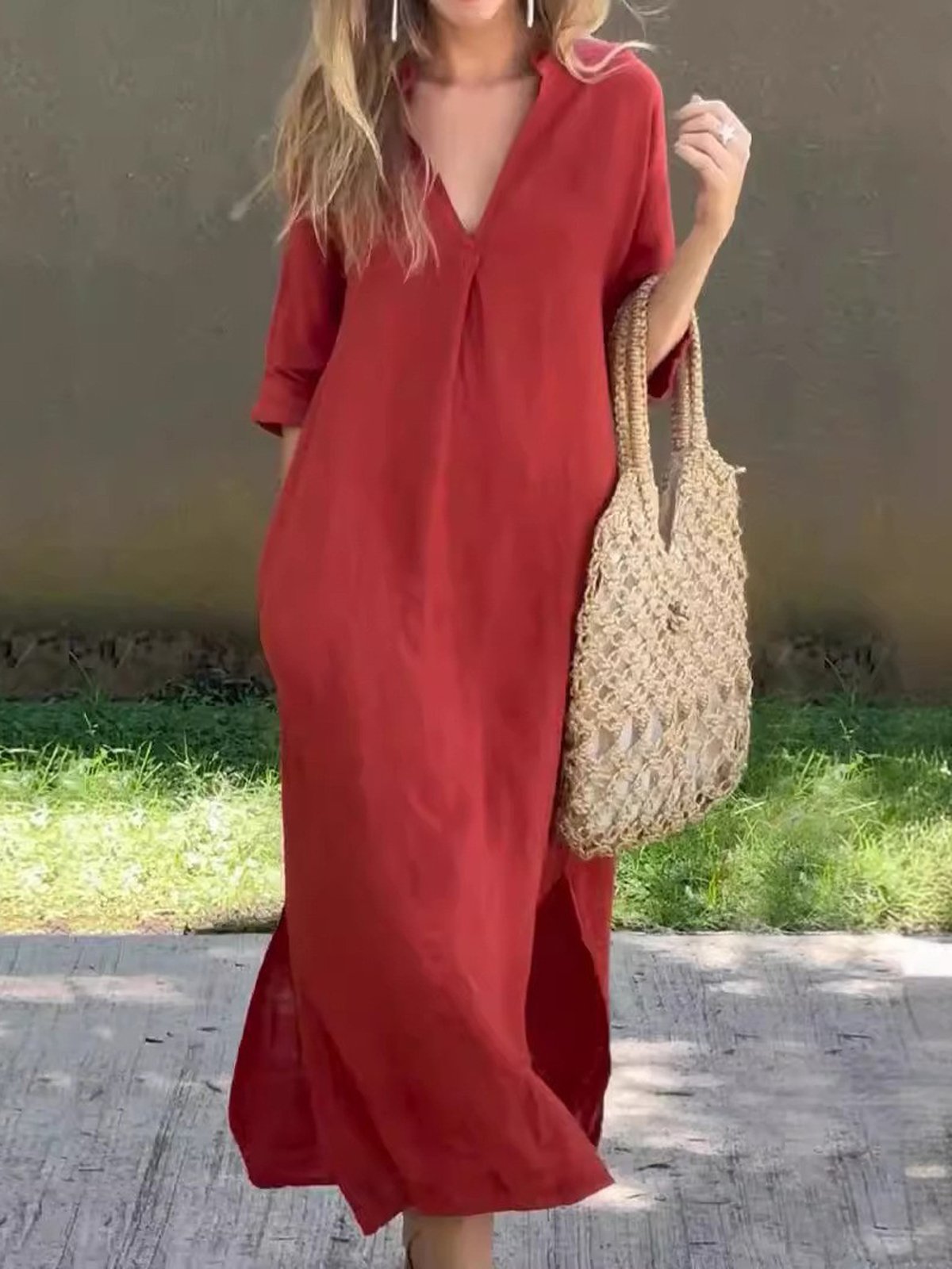 Women's Solid Color Side Slit Pocket V Neck 7 Point Sleeve Chest Pleated Dress