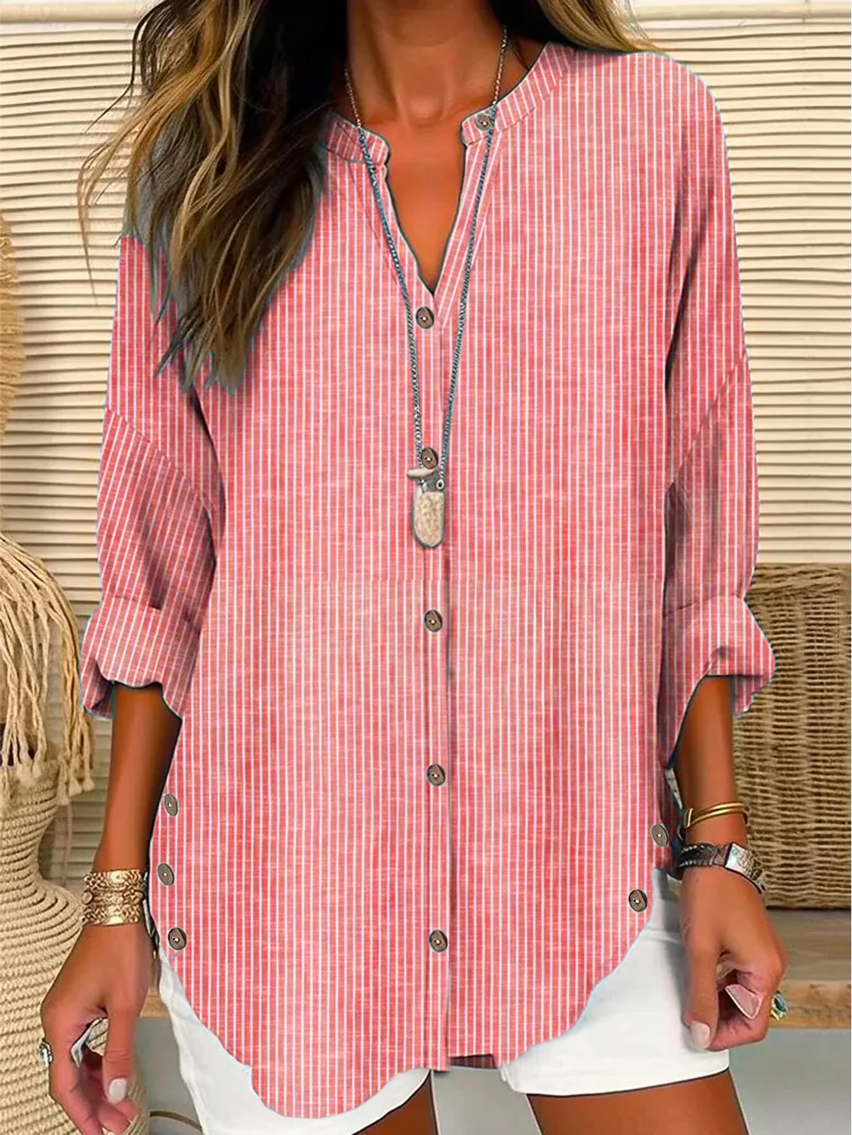 Women's Shirt Blouse Striped Casual Long Sleeve Basic V Neck Regular Fit Spring Fall