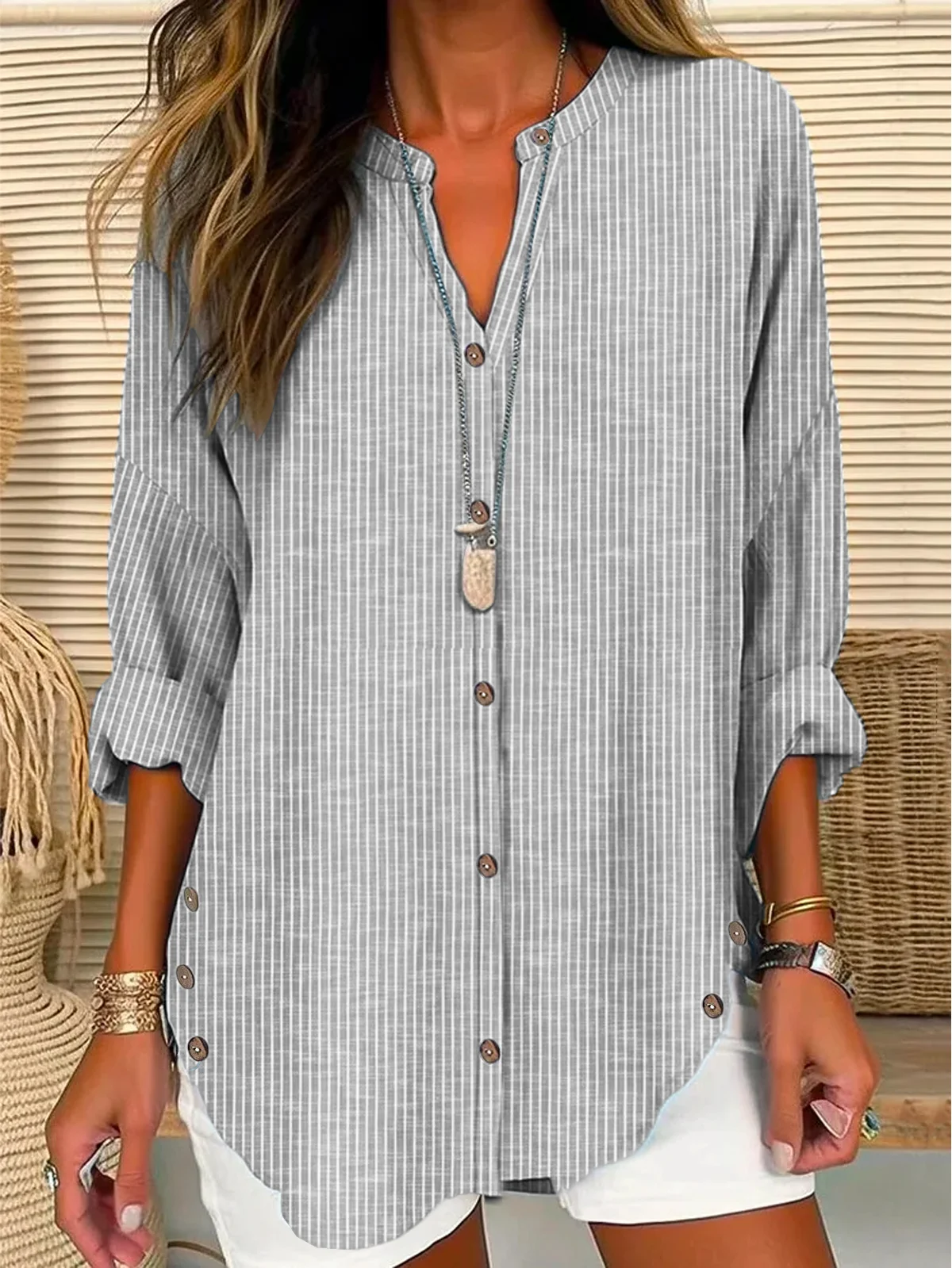 Women's Shirt Blouse Striped Casual Long Sleeve Basic V Neck Regular Fit Spring Fall