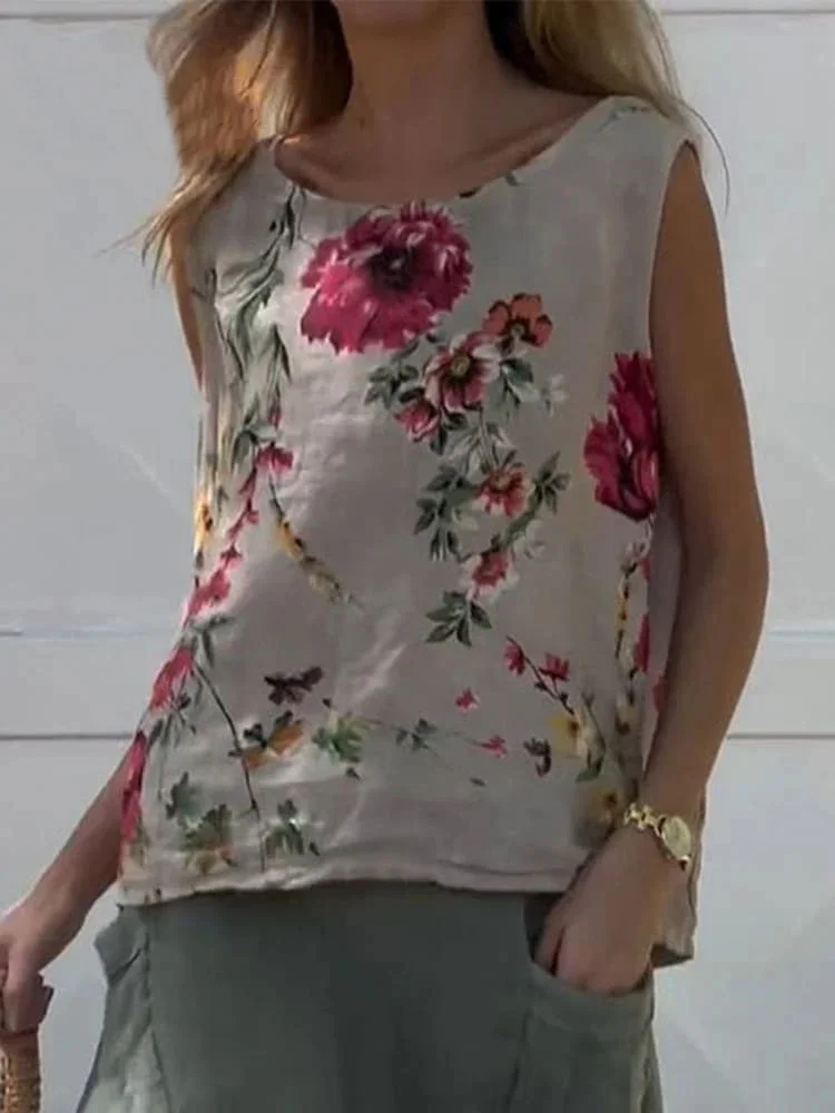 Loose Floral Vacation Crew Neck Tank Top