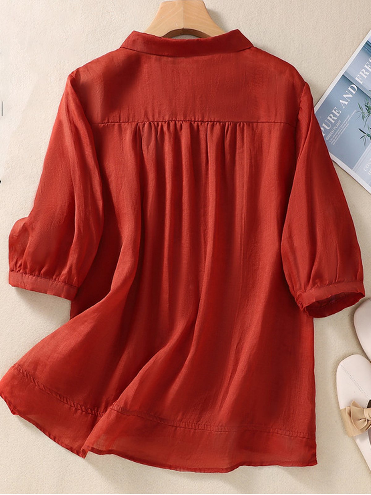 Cotton And Linen Plain Loose Casual Blouse