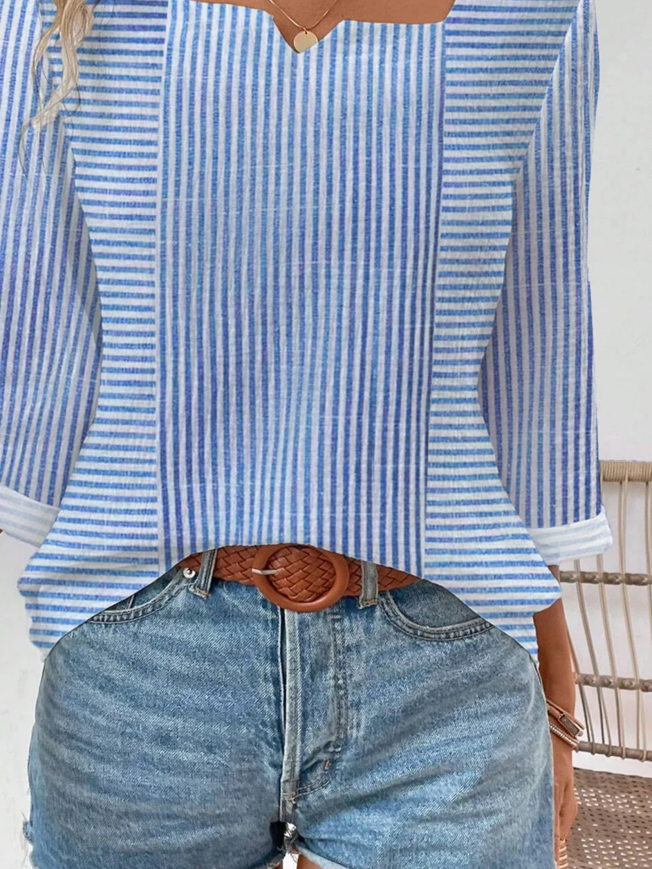 Women Striped Notched Casual Three Quarter Sleeve T-shirt