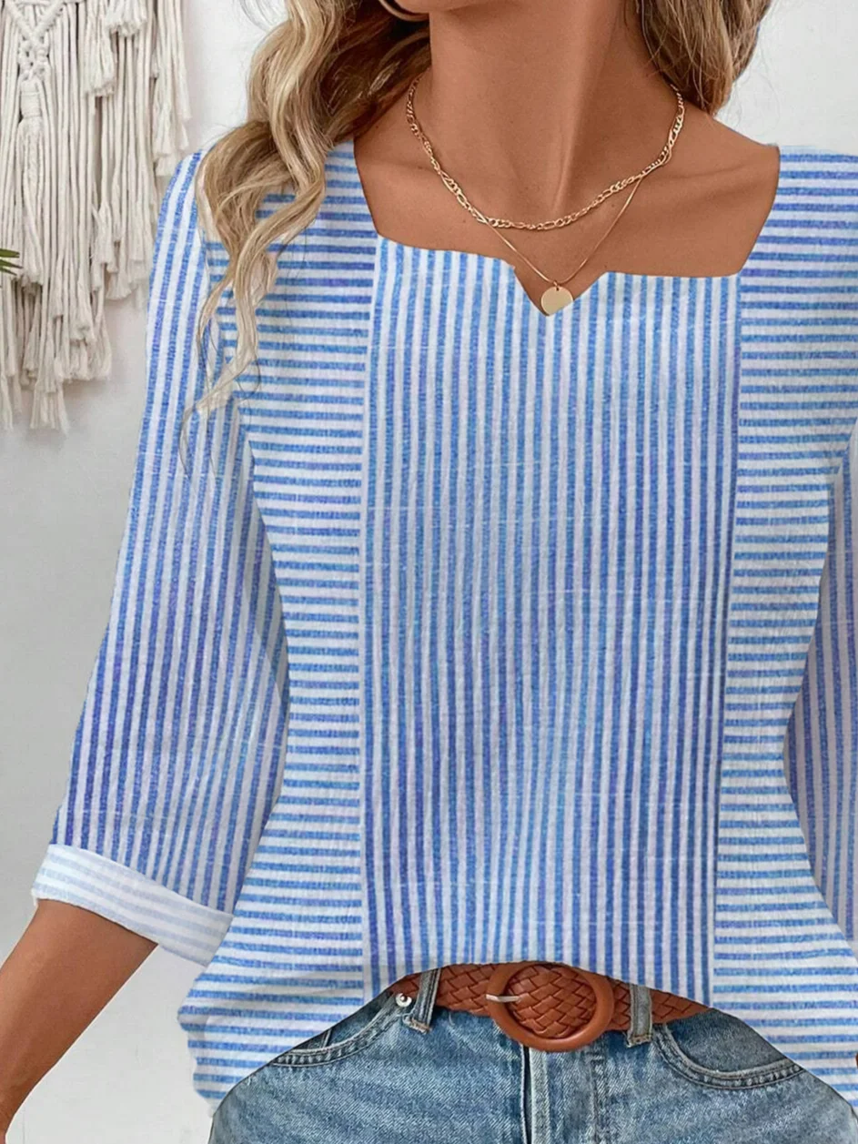 Women Striped Notched Casual Three Quarter Sleeve T-shirt