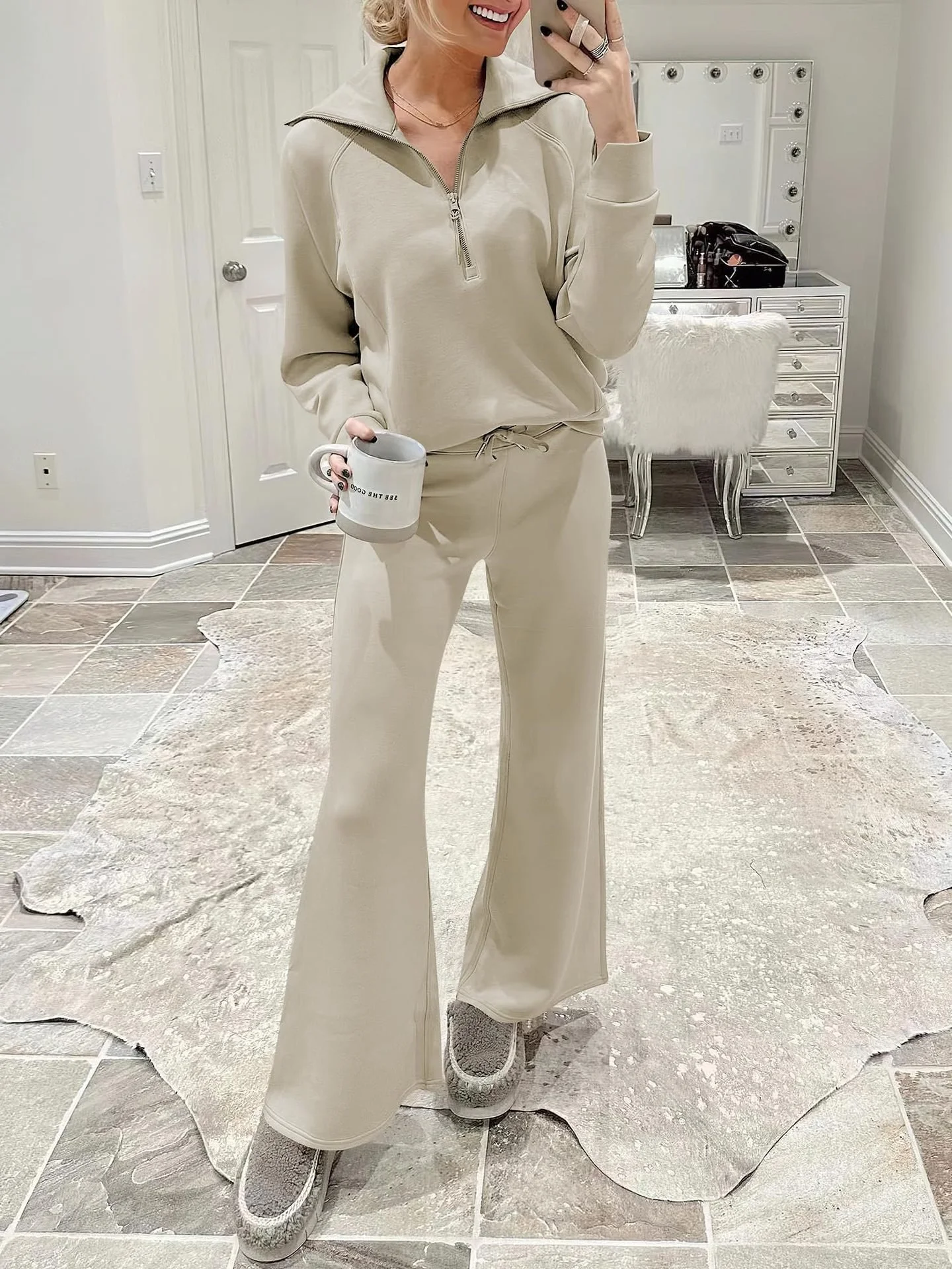 Casual Plain V Neck Loose Two-Piece Set