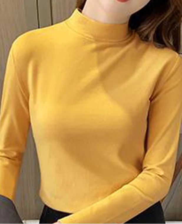 Women Plain Mock Neck Casual Long Sleeve T-shirt