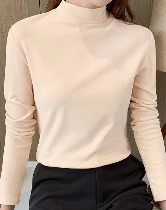 Women Plain Mock Neck Casual Long Sleeve T-shirt