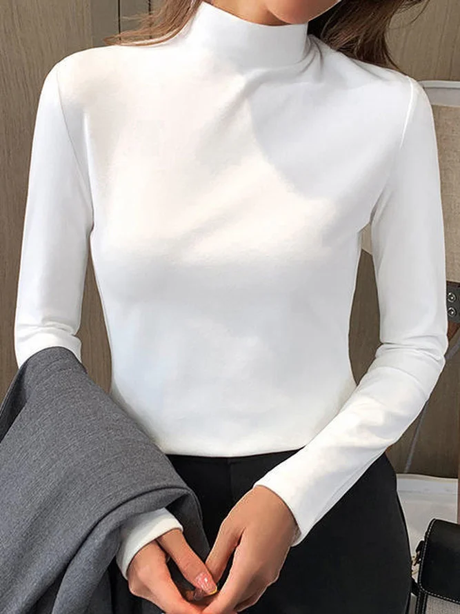 Women Plain Mock Neck Casual Long Sleeve T-shirt