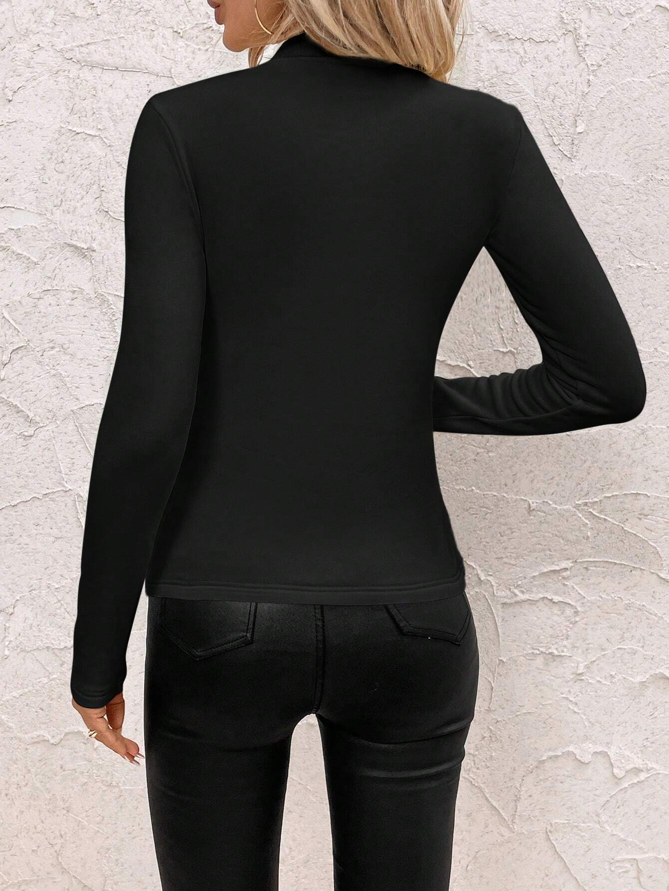 Women Plain Mock Neck Vintage Long Sleeve T-shirt