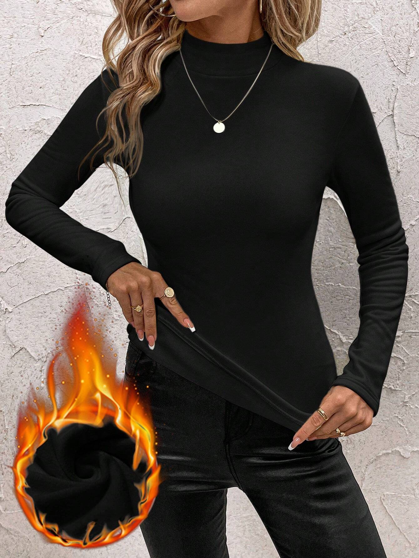 Women Plain Mock Neck Vintage Long Sleeve T-shirt