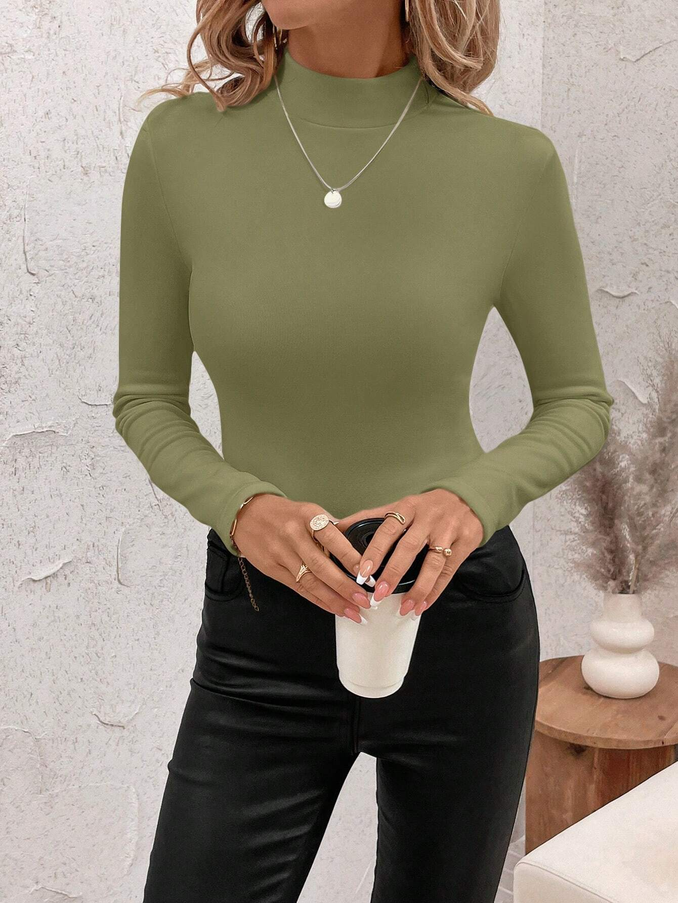 Women Plain Mock Neck Vintage Long Sleeve T-shirt