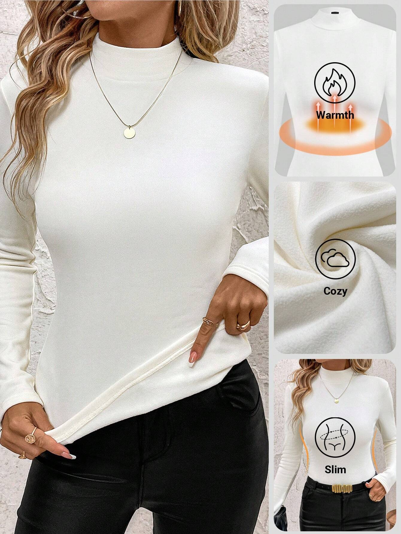 Women Plain Mock Neck Vintage Long Sleeve T-shirt