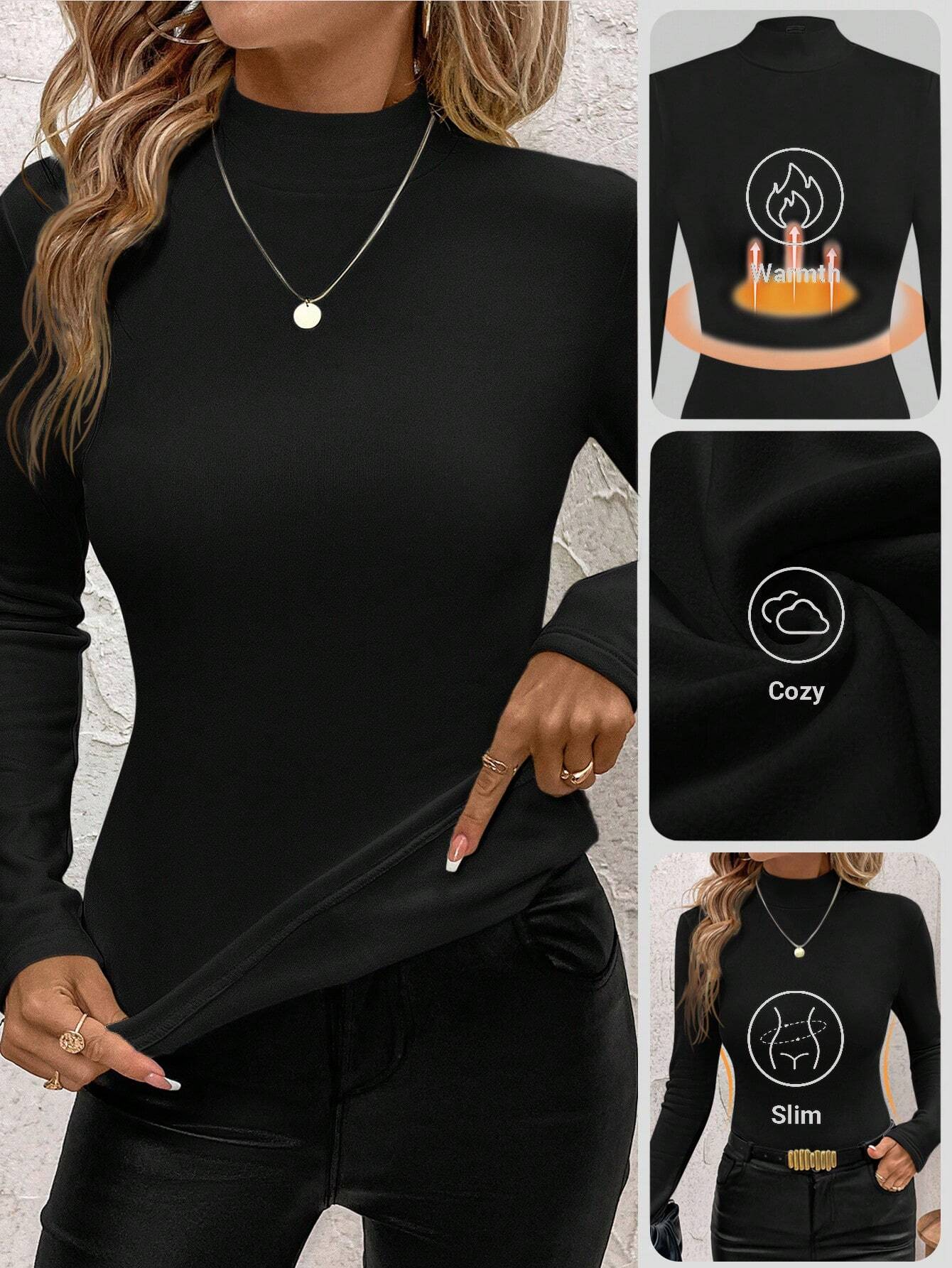 Women Plain Mock Neck Vintage Long Sleeve T-shirt