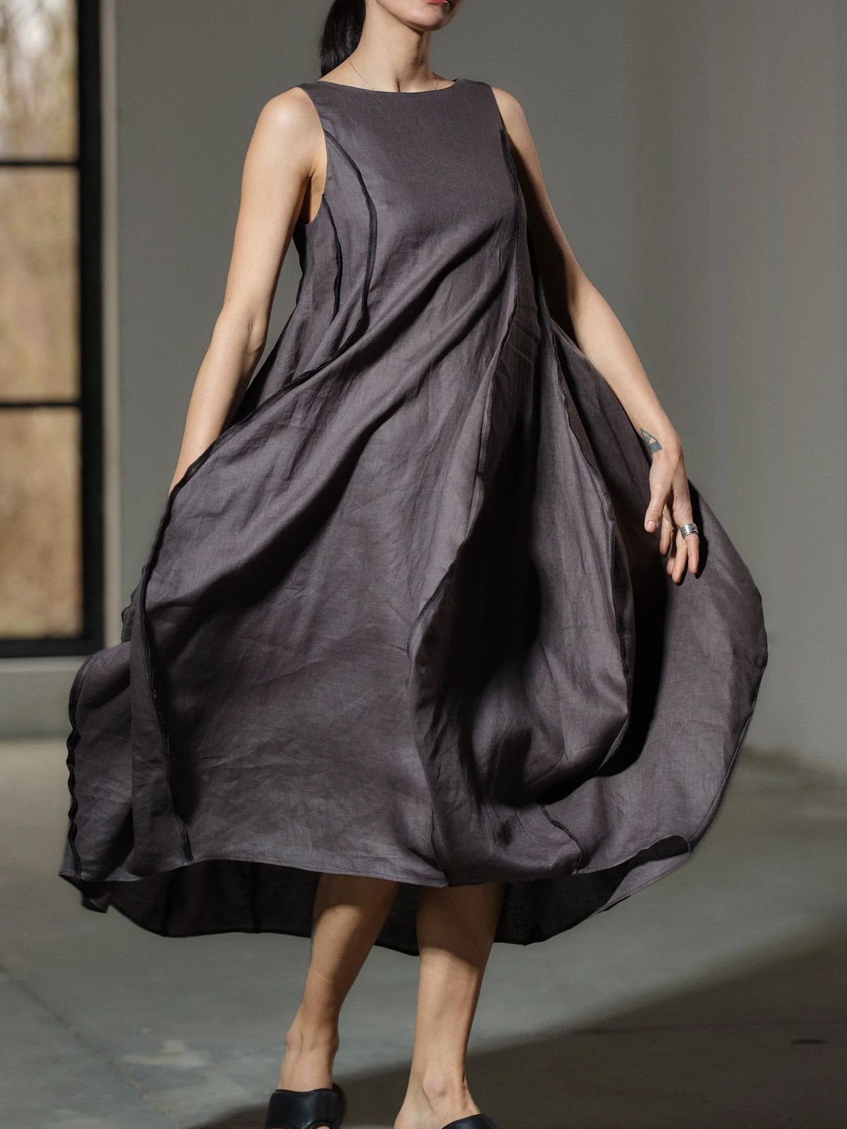 Linen Plain Crew Neck Maxi Dress