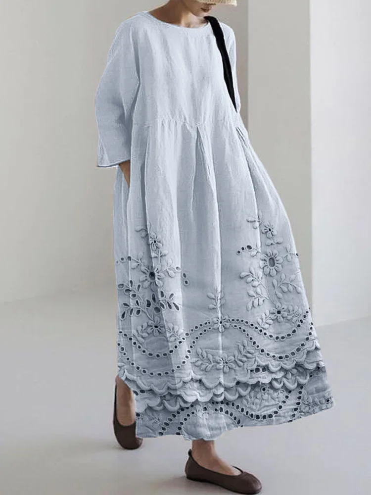 Cottage Floral Embroidered Lace Hem Flowy Maxi Dress