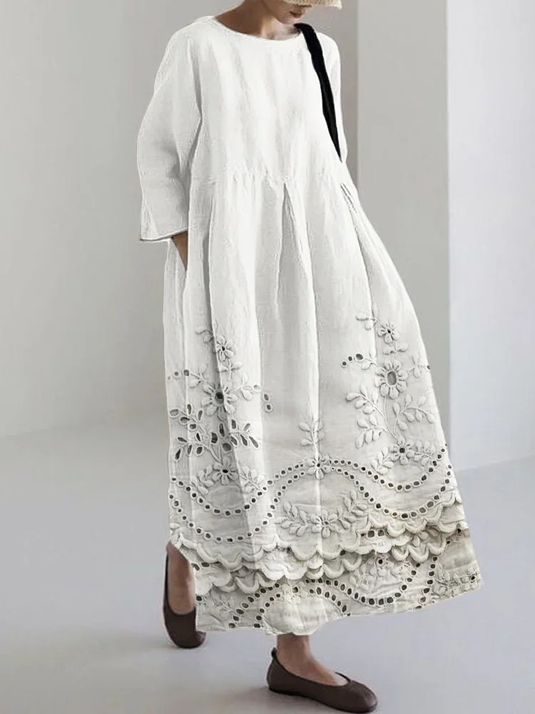 Cottage Floral Embroidered Lace Hem Flowy Maxi Dress