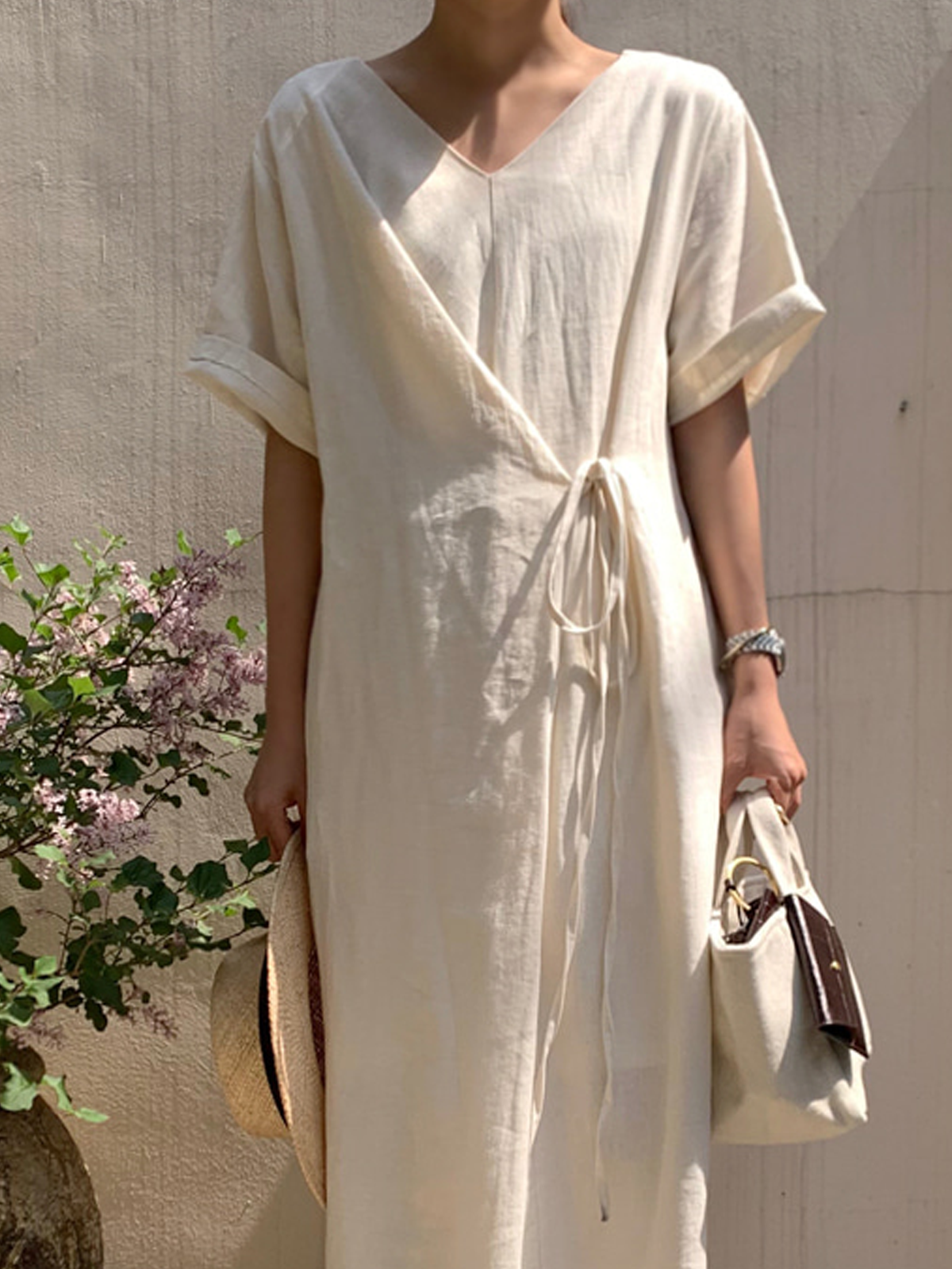 Linen Plain Crew Neck Maxi Dress