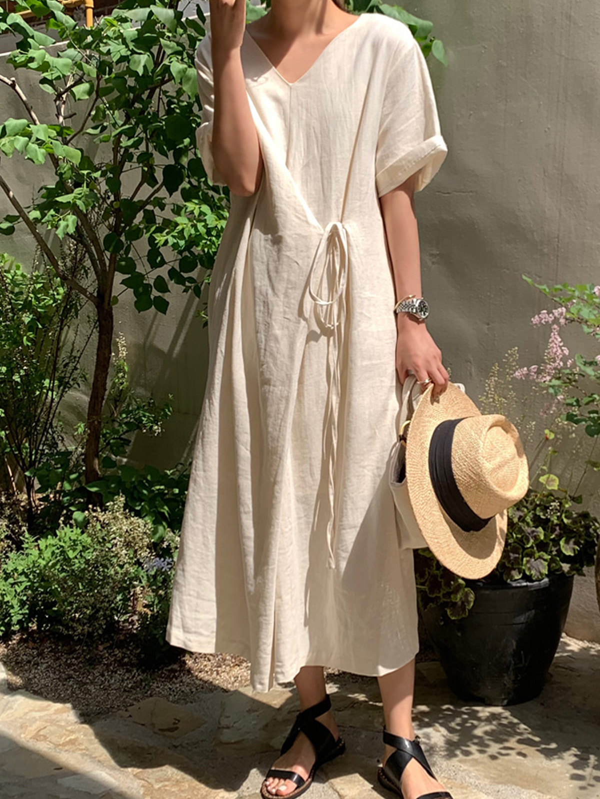 Linen Plain Crew Neck Maxi Dress