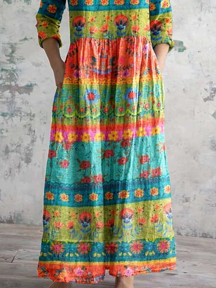 Women's Vintage Lovely Floral Art Print Pocket Cotton Dress