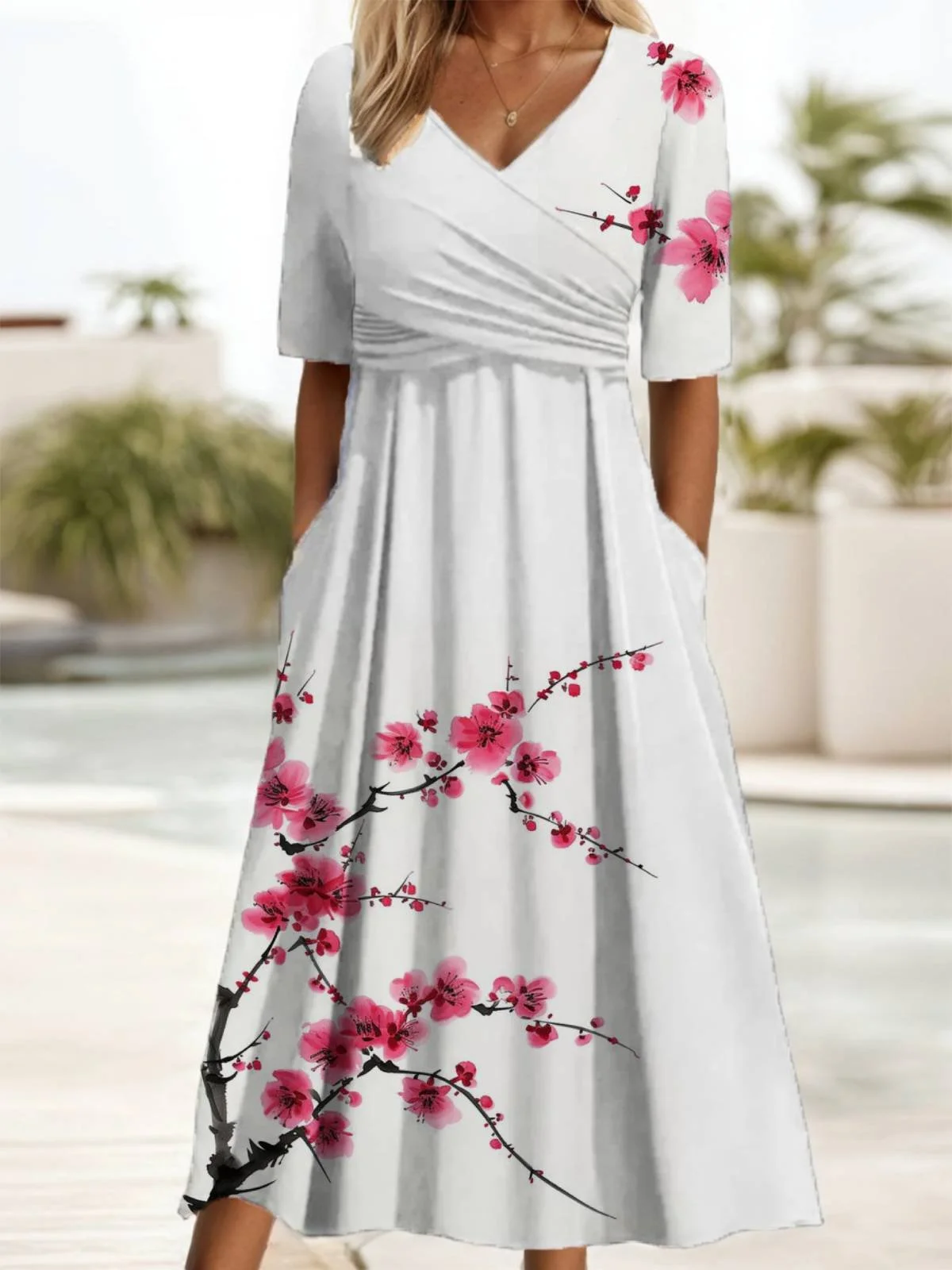 Floral Print Long Sleeve V-neck Dress