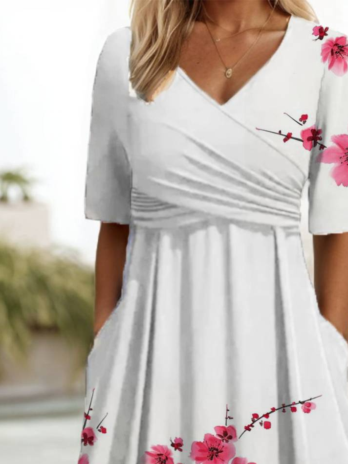 Floral Print Long Sleeve V-neck Dress