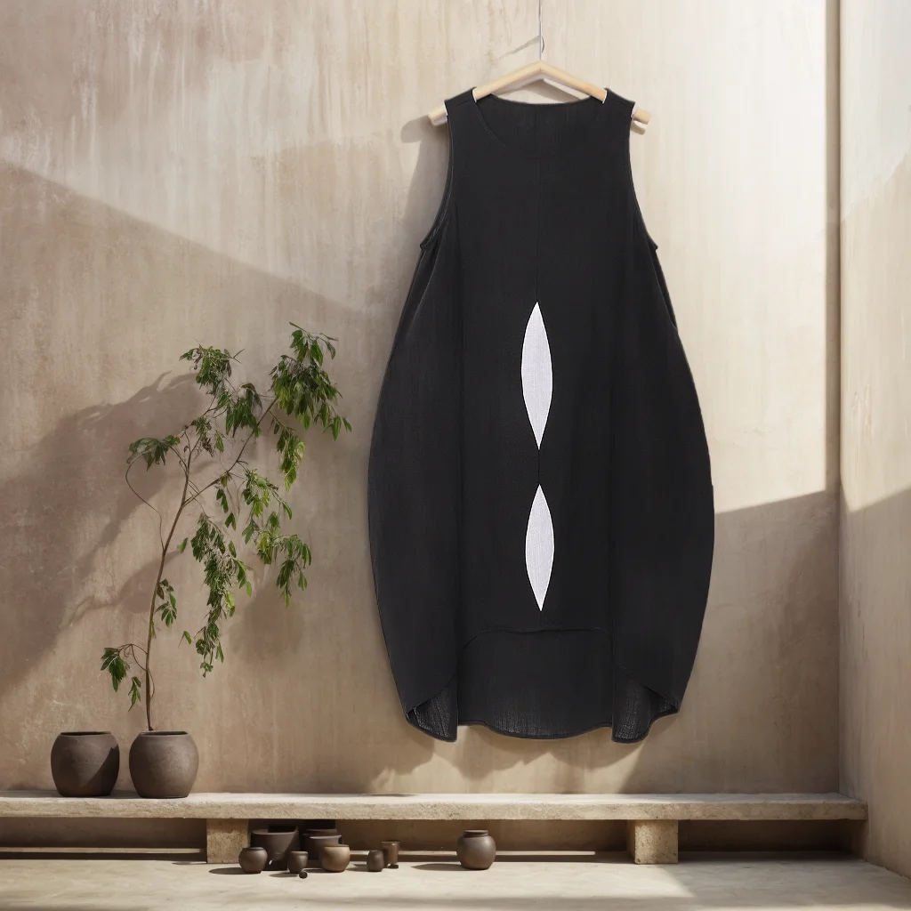 Linen Plain Crew Neck Mini Dress