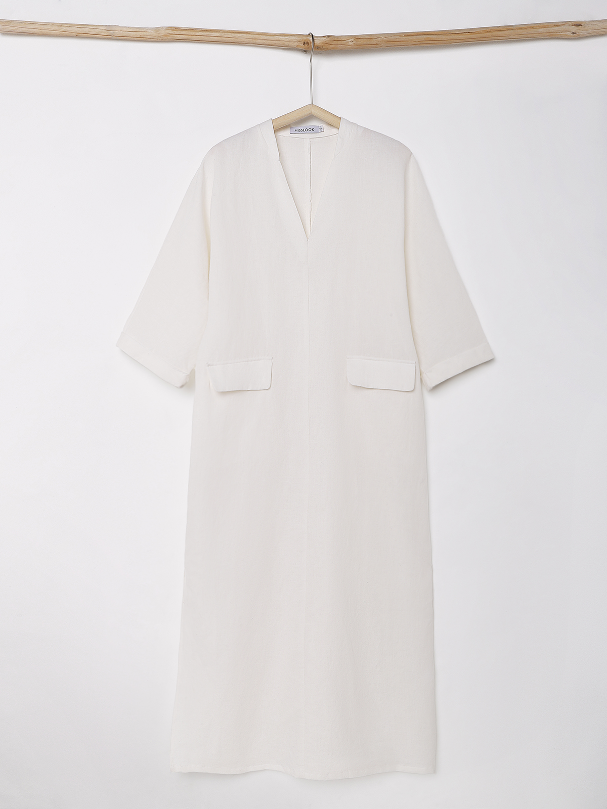 Regular Fit Plain V Neck Linen Dress With No