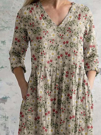 Women's Floral Spring Print Casual V-Neck Long Sleeve Dress