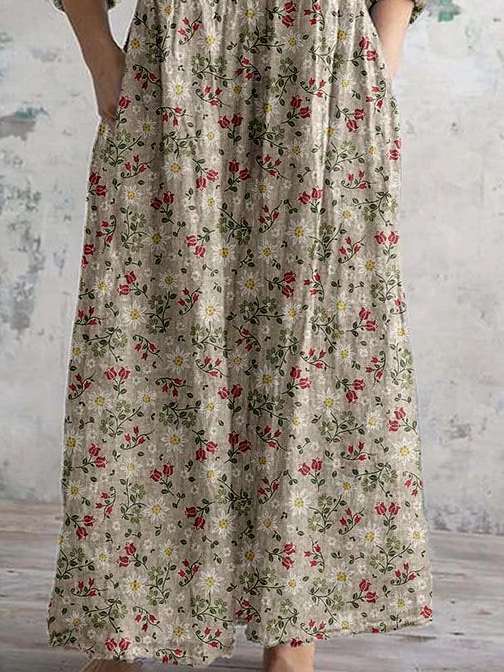Women's Floral Spring Print Casual V-Neck Long Sleeve Dress