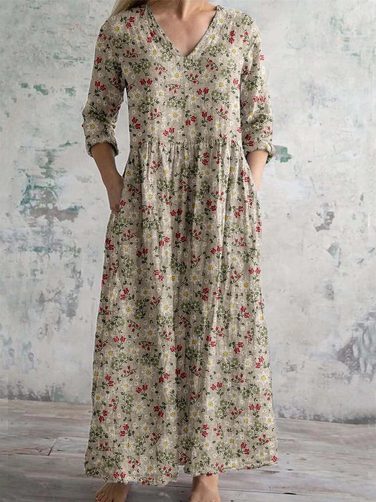 Women's Floral Spring Print Casual V-Neck Long Sleeve Dress