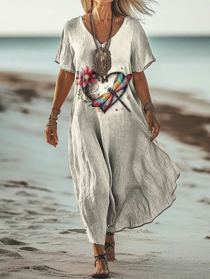 Women's Short Sleeve Summer As Picture Floral Printing V Neck Daily Going Out Casual Maxi H-Line T-Shirt Dress Dress