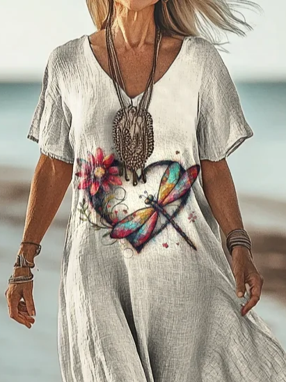 Women's Short Sleeve Summer As Picture Floral Printing V Neck Daily Going Out Casual Maxi H-Line T-Shirt Dress Dress
