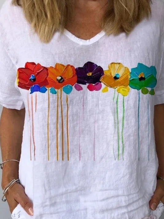 Casual Floral V Neck Cotton Short Sleeve Loosen Floral Top