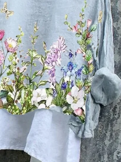 Women's Long Sleeve Blouse_ Spring/Fall Blue Floral Printing V Neck Daily Going Out Casual Top