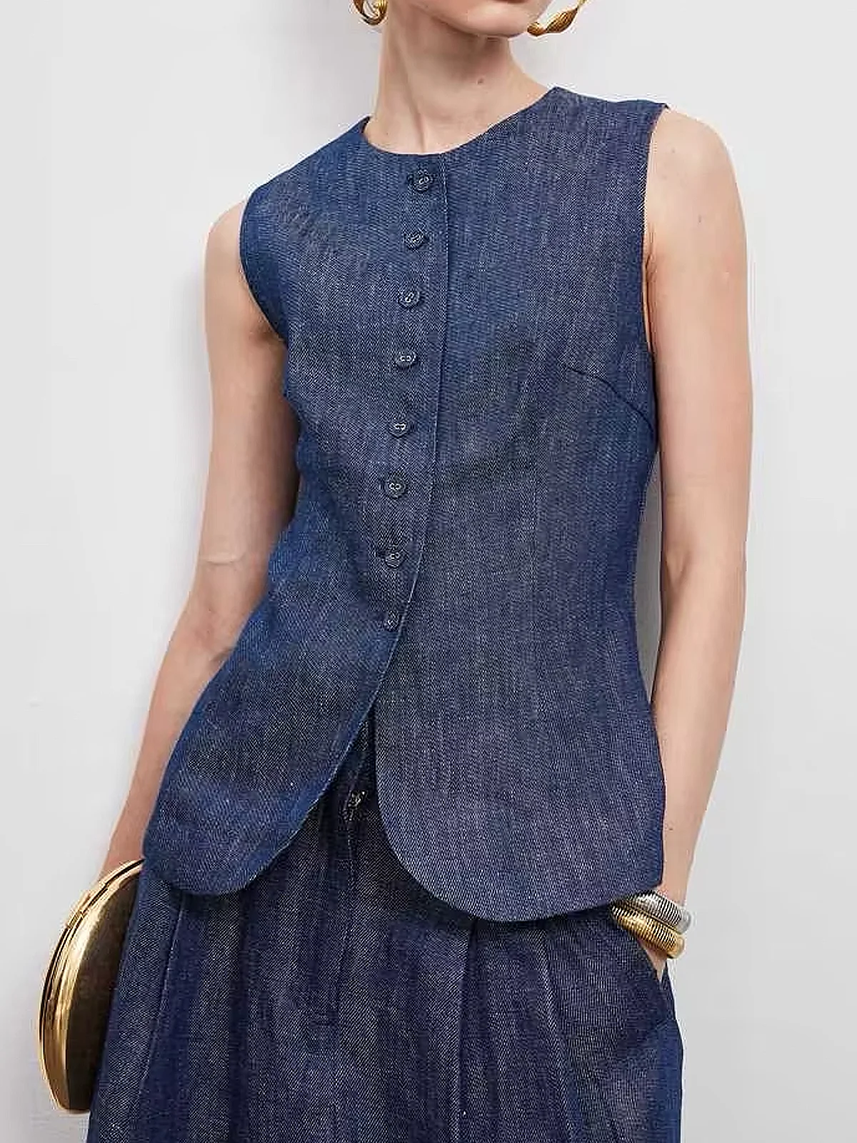 Linen Casual Plain Crew Neck Vest