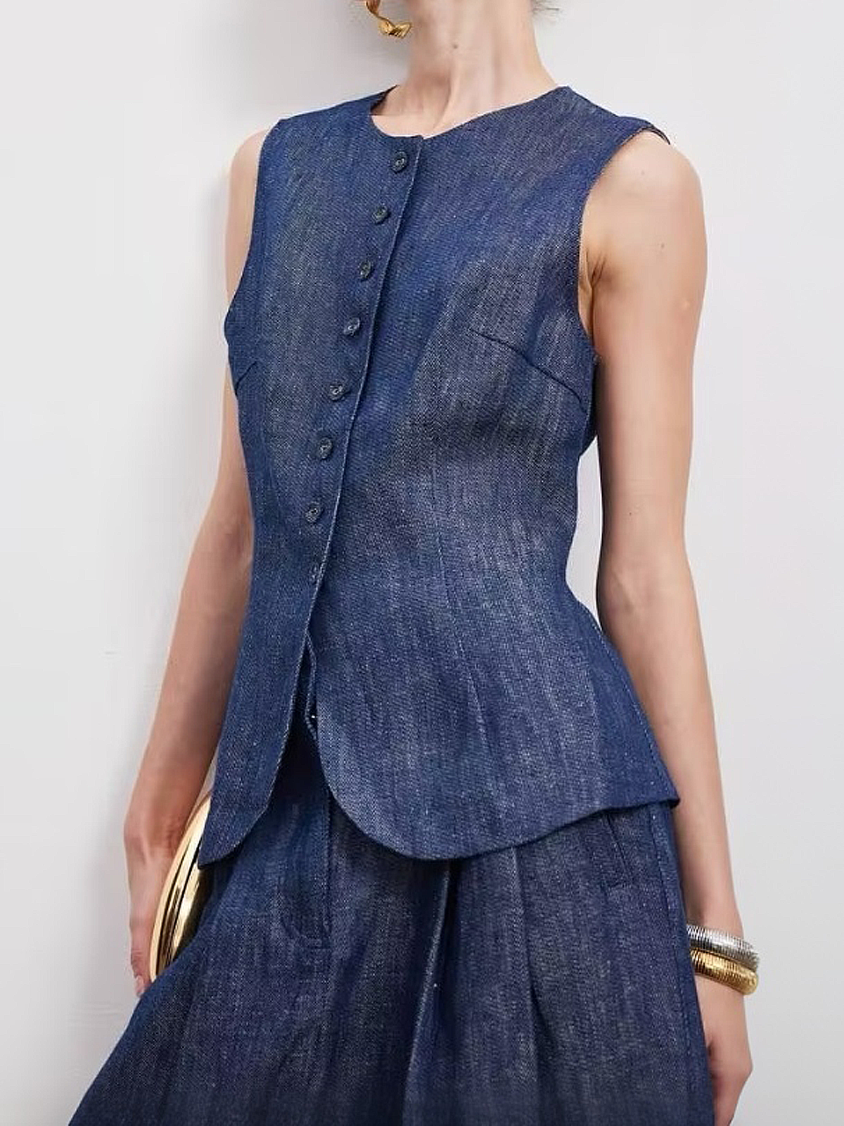 Linen Casual Plain Crew Neck Vest