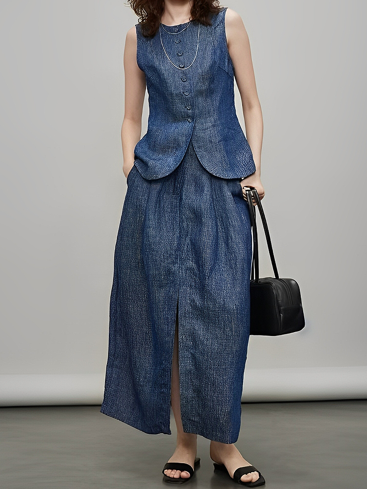 Linen Urban Pocket Stitching Plain Maxi Skirt