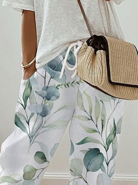 Women's  H-Line Straight Pants Daily Going Out Pants White Casual Printing Floral Spring/Fall Pants