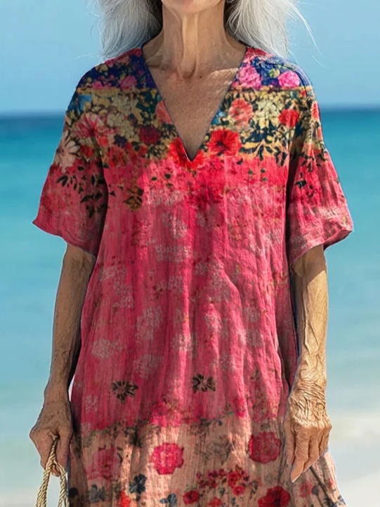 Women's Short Sleeve Summer As Picture Floral Printing V Neck Daily Going Out Casual Maxi H-Line T-Shirt Dress Dress