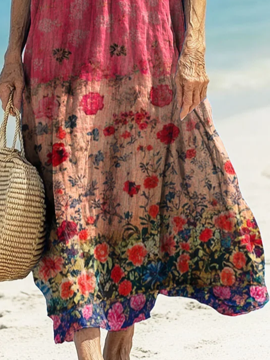 Women's Short Sleeve Summer As Picture Floral Printing V Neck Daily Going Out Casual Maxi H-Line T-Shirt Dress Dress