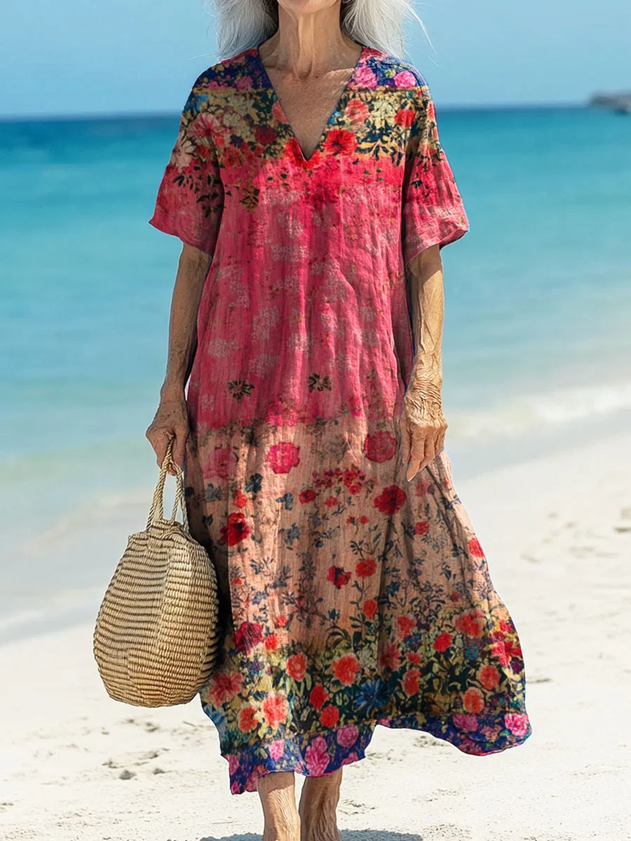 Women's Short Sleeve Summer As Picture Floral Printing V Neck Daily Going Out Casual Maxi H-Line T-Shirt Dress Dress
