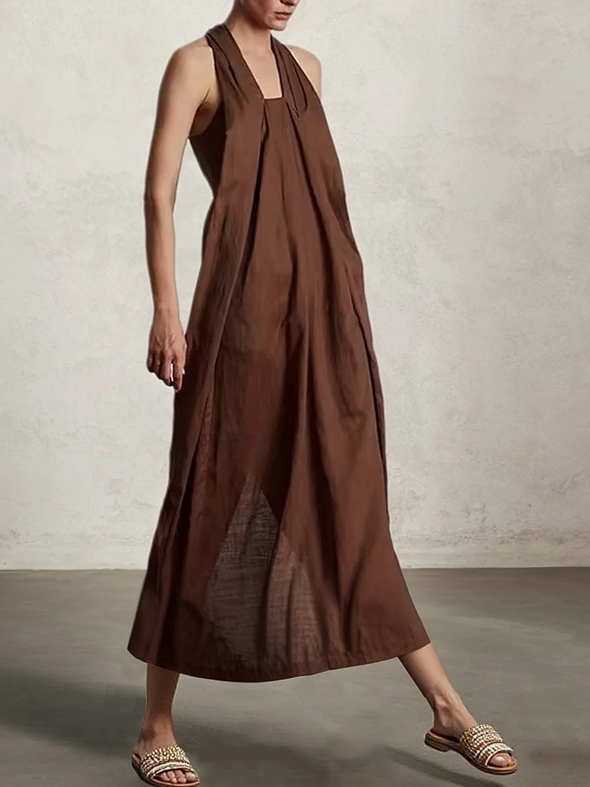 Vacation Plain Square Neck linen-cotton Maxi Dress