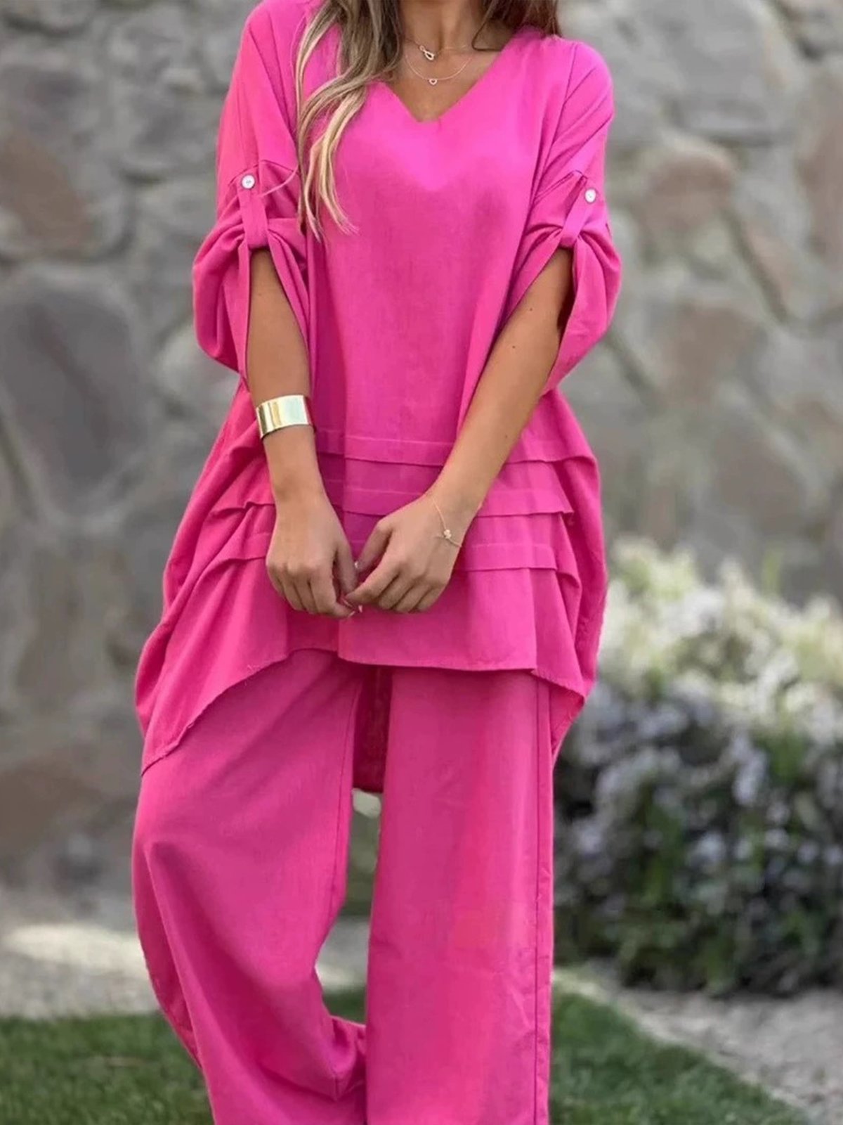 Casual Plain V Neck Two-Piece Set