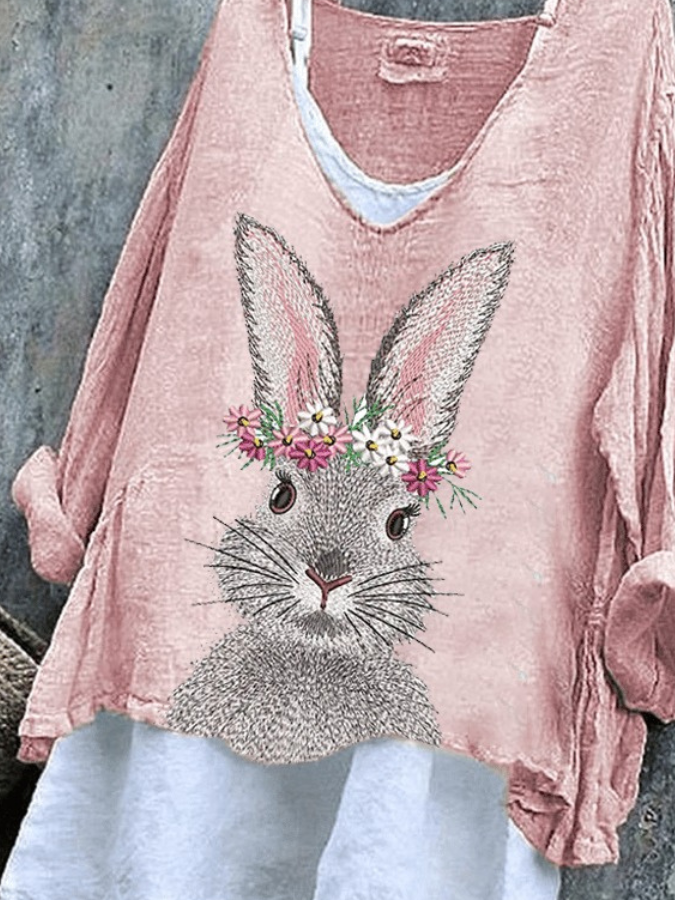Women Easter (rabbit) V Neck Vintage Long Sleeve T-shirt