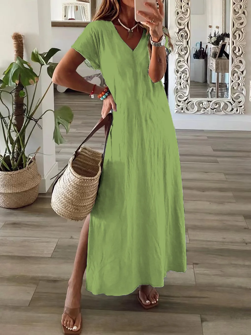 Women's Spring Printed Casual V-Neck Short Sleeve Slit Dress