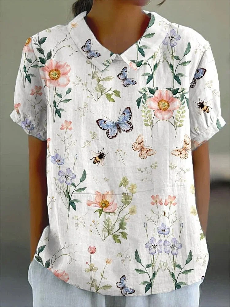 Elegant Shawl Collar Animal Cotton Blouse