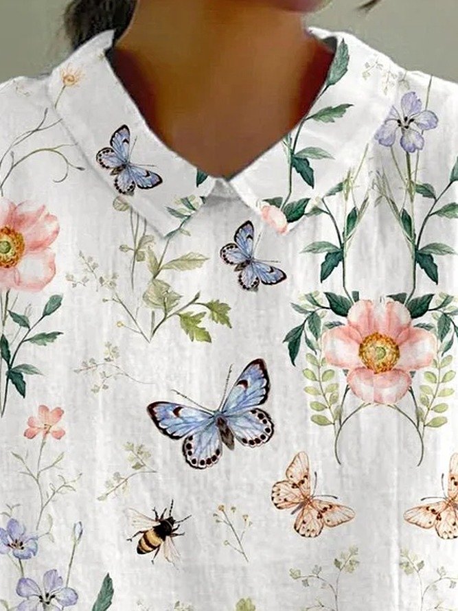 Elegant Shawl Collar Animal Cotton Blouse