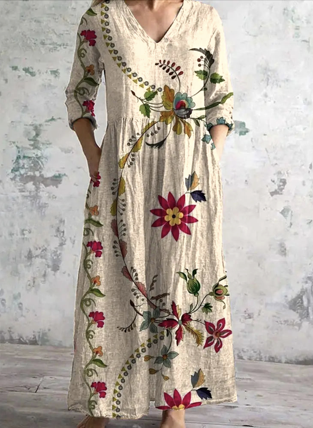 V Neck Cotton Floral Casual Dress With No