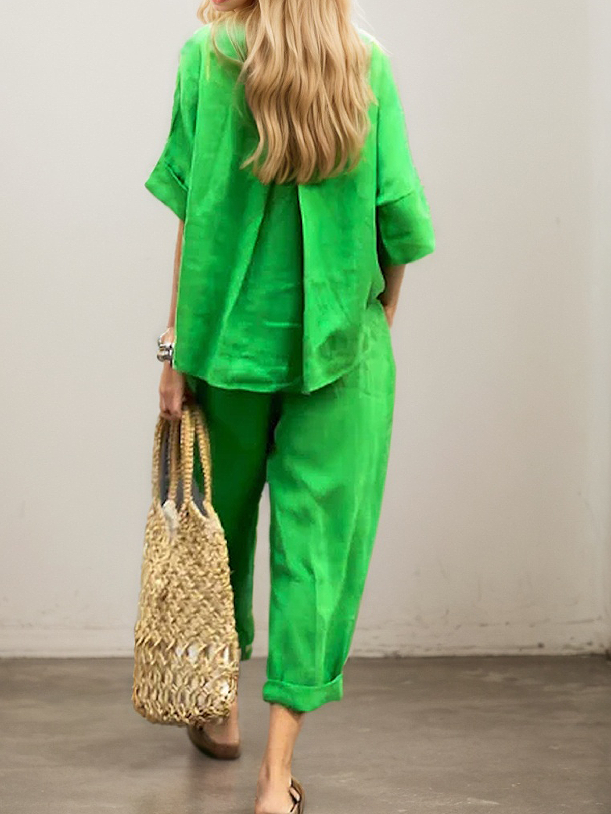 Casual Plain Crew Neck Two-Piece linen-cotton Set