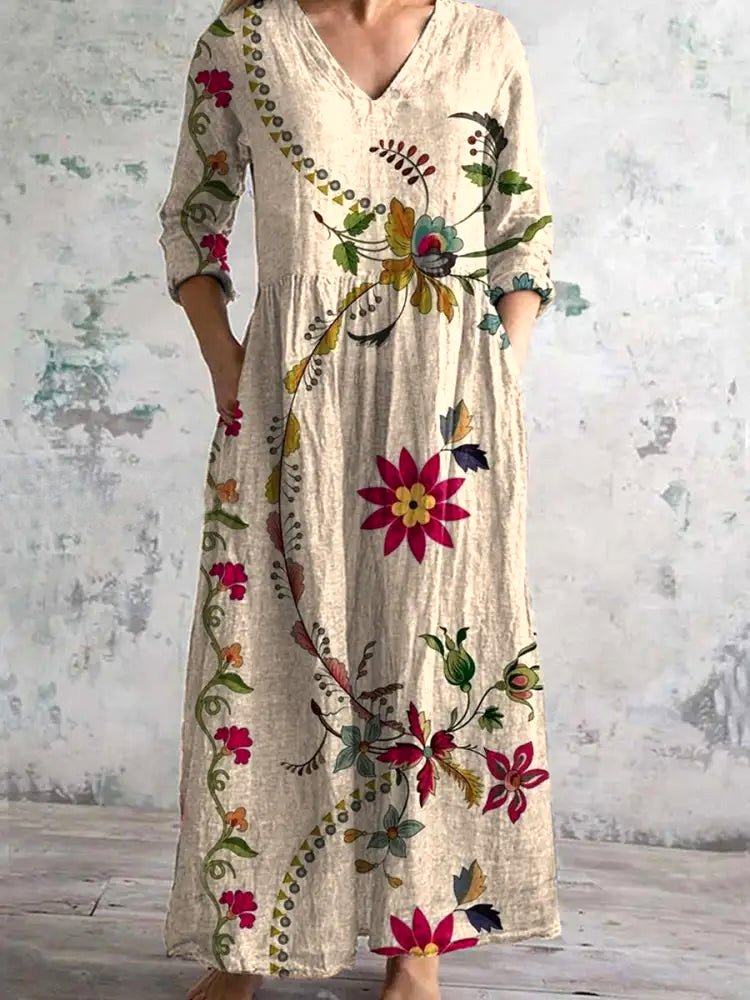 V Neck Cotton Floral Casual Dress With No