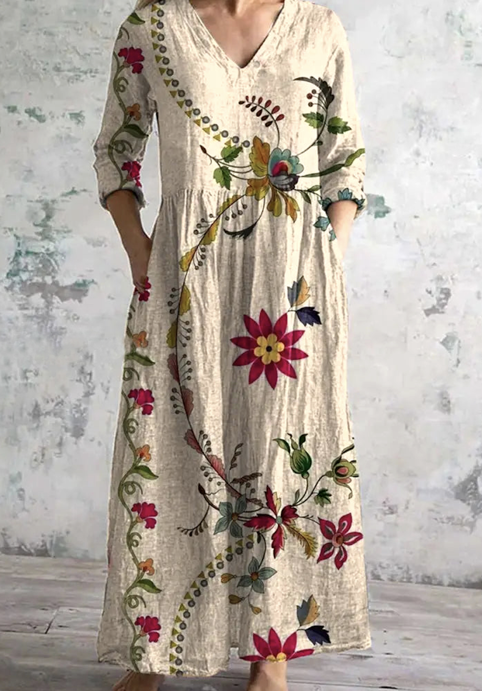 V Neck Cotton Floral Casual Dress With No